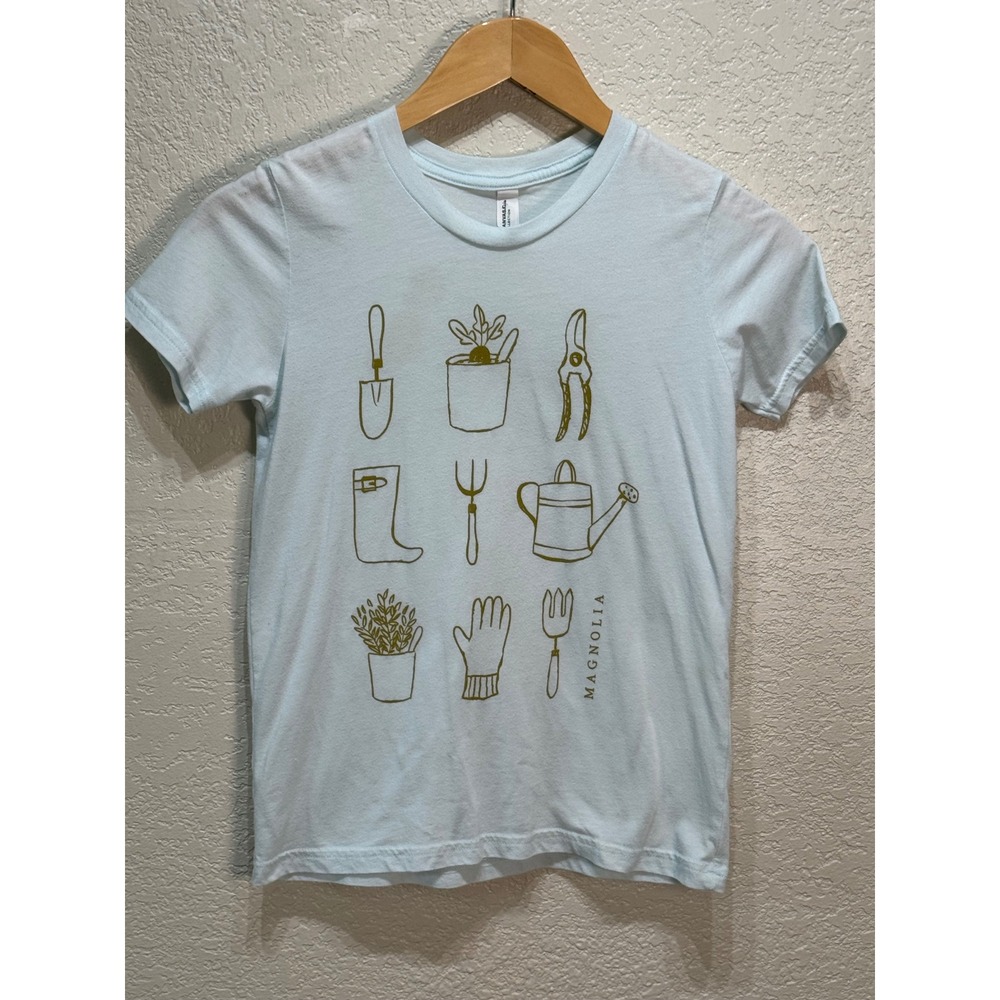 Magnolia Kids Light Blue Gardening‎ Graphic T-Shirt Size M 10-12 Joanna Gaines